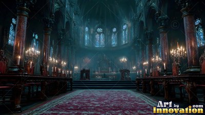 A dark gothic cathedral opens toward an altar lined with warm candlelight