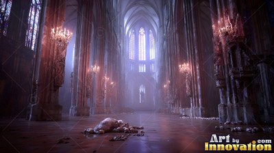 Lying face down on the stone floor of a misty cathedral under blue light