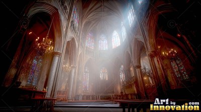 Bright sunlight cuts through misty air inside a cathedral with high stone arches