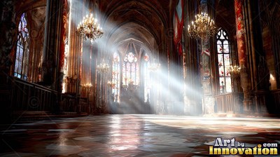 In a Gothic cathedral, bright sunbeams stream across the marble floor
