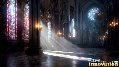 Shining through colored glass, bright sunlight cuts across a dark stone cathedral floor