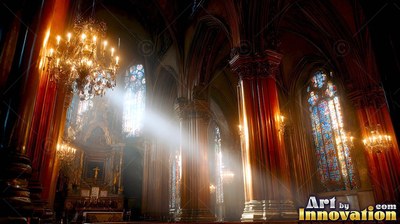 Cathedral interior with a bright sunbeam through the dark hall