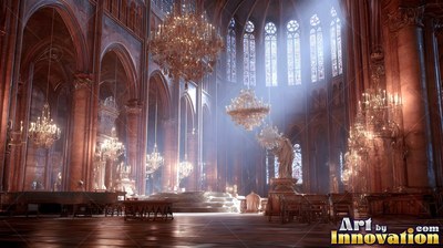 Hanging chandeliers light a vast stone cathedral as sunbeams stream down from high windows