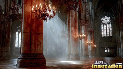 A cathedral stands empty as white sunbeams break past stone pillars onto the floor