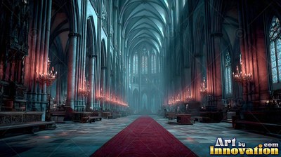 Facing down the aisle of a misty cathedral with a red carpet and candles