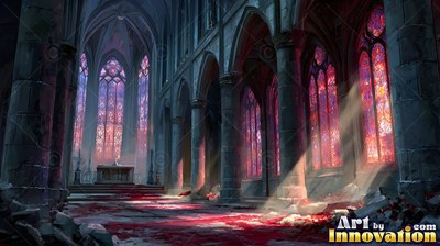 Sunlight streams through red stained glass across a dark cathedral floor