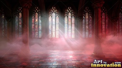 In a gothic cathedral, white mist drifts across the tiled floor below stained glass