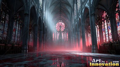 Catching pale light from above, a dark cathedral fills with red mist across wet stone floors