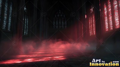 Dark cathedral interior with red light on foggy stone floors