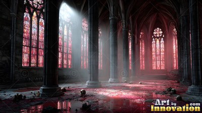 Red stained-glass windows line a dark tall stone cathedral with white light on the wet floor