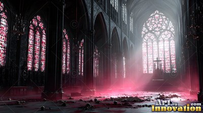 A dark cathedral aisle fills with pink light shining across a scattered stone floor