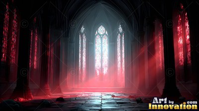 Facing down the stone aisle of a dark cathedral with red light streaming in