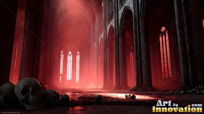 Skulls lie on the stone floor of a dark cathedral filled with red light