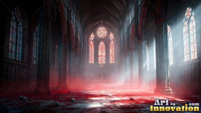 In a dark cathedral with stone walls, bright sunlight cuts through red mist over skulls on the floor