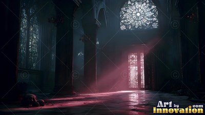 Shining through open doors, pink light crosses a cathedral with stone walls floor