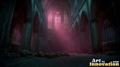 A dark cathedral floor covered in skulls under pink window light