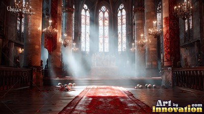 A red carpet with human skulls leads toward a cathedral altar in hazy light