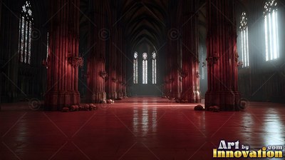 A cathedral hall stretches back between stone pillars under dim red light
