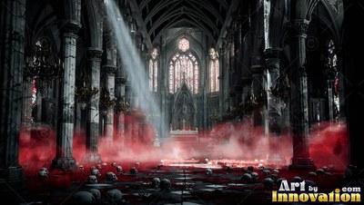 Facing down the aisle of a dark cathedral with red fog over skull-covered floors