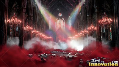 Sunlight streams through church windows over skulls on a floor covered in red smoke