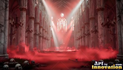 In a gothic cathedral, red mist and white light beams cover the floor of skulls