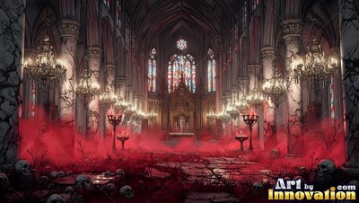 Standing in thick red smoke, a dark cathedral holds skulls along the floor