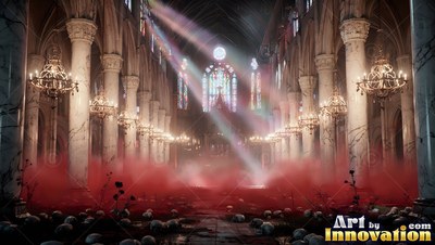 Gothic cathedral interior with red smoke over skulls on the floor