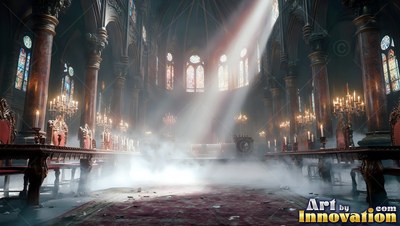 Red marble pillars line a misty gothic cathedral under bright sunlight beams