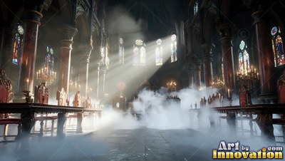 A cathedral fills with thick white smoke under bright beams of sunlight
