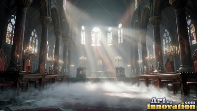 Facing the altar of a gothic cathedral with sunlight beaming through mist