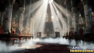 Bright sunlight shines down into a tall stone cathedral filled with white mist