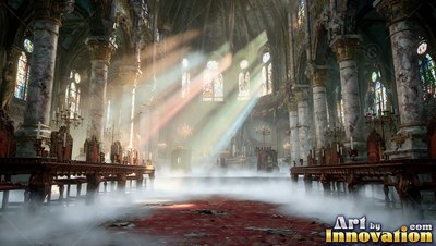 In a foggy cathedral, beams of sunlight shine over empty wooden pews