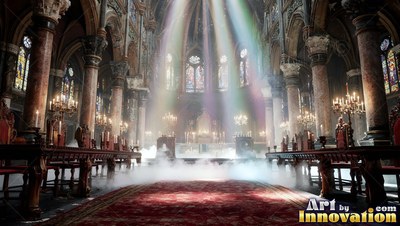 Streaming through mist, rainbow light fills a tall stone cathedral with long tables