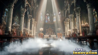 Sunlight pours over white fog inside a cathedral aisle