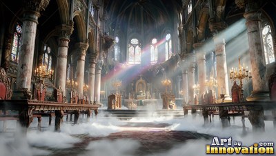 Bright beams of colored light shine across marble pillars inside a misty cathedral