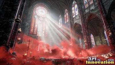 A dark cathedral fills with red smoke as bright white sunbeams shine through a rose window