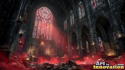Viewed from the floor, bones lie across a dark gothic cathedral under red light