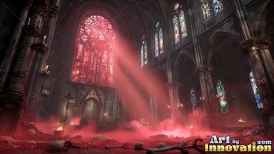 Red light shines from a cathedral window onto skulls and red fog on the floor