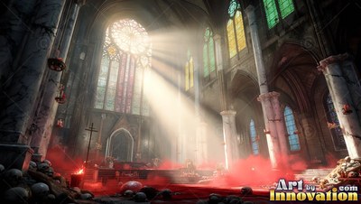 In a ruined cathedral, bright sunlight cuts through red mist over piles of skulls