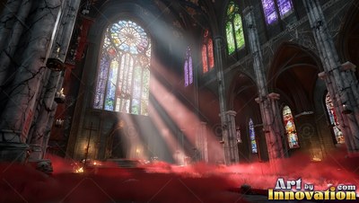 Streaming through tall stained glass, bright sunlight cuts across a cathedral floor filled with red mist