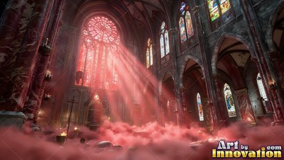 Cathedral interior with red light beams through mist