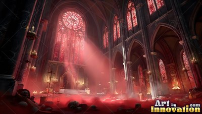 Red sunlight pours through tall rose windows across the dark stone floor of a cathedral interior