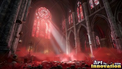A stone cathedral fills with red smoke as a bright sunbeam shines across the floor