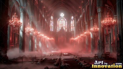 Viewed straight down the aisle of a dark cathedral lit by red chandeliers and fog
