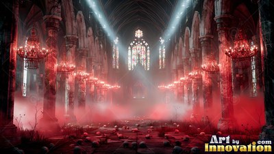 Red mist and skulls cover the floor of a dark cathedral lit by chandeliers