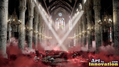 In a cathedral, white spotlights cross over red smoke and skulls