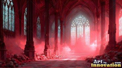 Rising through red smoke, a cathedral with stone walls holds piles of skulls along its aisles