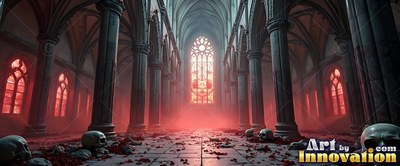 Cathedral interior with red light and skulls on the floor