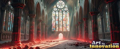 Tall stone pillars line a cathedral hall filled with red light and sunbeams