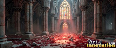 A cathedral aisle fills with human skulls under red light from high windows